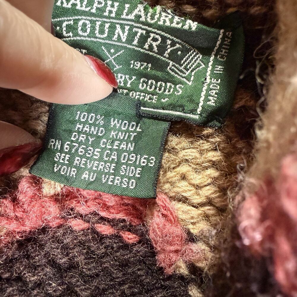 Vintage Ralph Lauren Country Navajo Hand Knit Cardigan Sweater Wool Size M Aztec - Picture 5 of 8